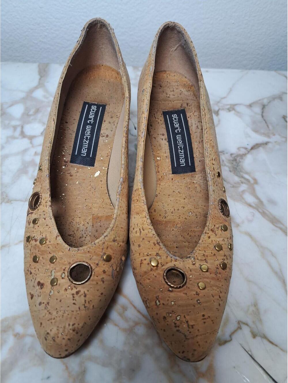 Stuart Weitzman Shoes Womens 8  Faux Cork Flat Tan Open Toe Slip On